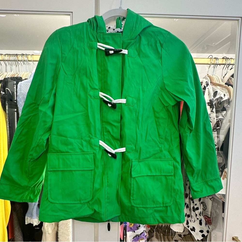 Hooded toggle button and zip up Kelly green raincoat. Girls kids size 12 / 14